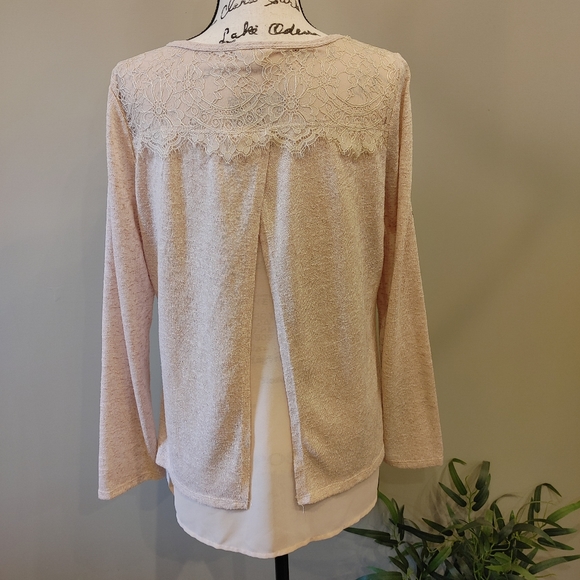 ADIVA Womens blush lace long sleeve blouse sweater with split open back  size L - Picture 4 of 7